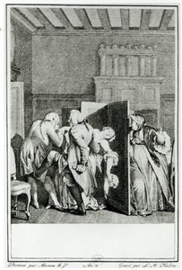 The Baron... saluted Candide with some notable kicks on the breech and drove him out of doors, illustration from chapter 1 of Candide by Francois Voltaire, engraved by Louis Michel Halbou by Jean Michel the Younger Moreau
