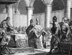 Establishment of ecclesiastical tithes by Pépin le Bref and Carloman (743). Engraving after Moreau the young 18th century engraving. Private collection