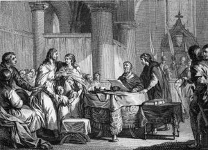 Abdication of Carloman for the benefit of his brother, Pepin III, 747 (engraving by Jean Michel Moreau)