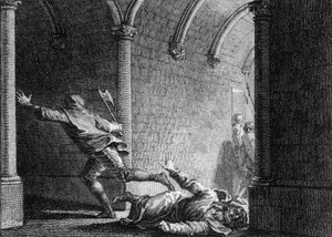 Assassination of Ebroin, mayor of Neustria Palace, 681: he was killed with an axe by Hermanfroi, lord whom he had robbed of his property. Engraving by Jean Michel Moreau, dit Moreau le Jeune (1741-1814)