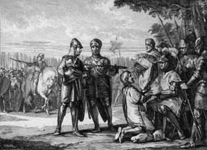 Battle of Tertry, 687: Pepin the Younger recognizes the authority of King Thierry III of Neustria (engraving by Jean Michel Moreau)