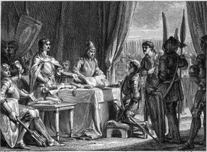Charles Martel, King of the Francs, distributes the goods of the Church to his soldiers, 718. Engraving by Jean Michel Moreau, dit Moreau le Jeune by Jean Michel the Younger Moreau