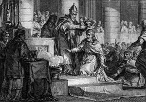 Coronation of Charlemagne, December 25, 800: The King of the Franks (747-814) is Consecrated Emperor of the West by Pope Leon III (750-816) in the Church of St. Peter in Rome. Engraving by Jean Michel Moreau, dit Moreau le Jeune
