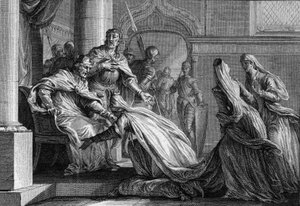 Emma of France prostrates to her feet. Married to Raoul of Burgundy, she decided to give the crown of France to her husband (engraving)