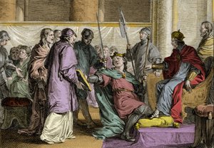 Erispoe, King of Brittany received the ornaments of the kingdom from the hands of Charles II the Bald, 851. Engraving by Jean Michel Moreau by Jean Michel the Younger Moreau