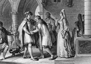 Philip I (1052-1108), King of the Francs, visiting the court of the Count of Anjou, Foulques le Rechin (1042-1109). This journey is a pretext for arranging his marriage to Bertrade de Montfort (around 1070-1118), wife of Count. 1095. Engraving by Jean Mich
