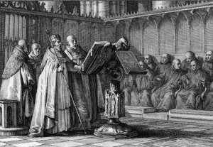 Robert II the Pious (970-1031), King of the Franks, singing at a religious service in front of a lectern. He wears his crown and holds his sceptre. Engraving by Jean Michel Moreau, dit Moreau le Jeune (1741-1814) by Jean Michel the Younger Moreau