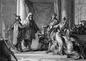The Princess of Aquitaine, Lampagie, was forcibly married by her father (Eudes) to Moorish captain Munuza (Uthman ibn Naissa) in order to secure peace with the Saracens, 730. Engraving by Jean Michel Moreau, dit Moreau le Jeune (1741-1814)
