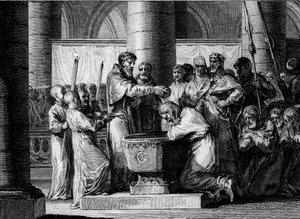 War against the Saxons, 785: baptism of Witikin of Saxony. Beaten by the army of Charlemagne, the leader of the Saxons agreed to convert to Catholicism. Engraving by Jean Michel Moreau