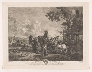 Riders at a Blacksmith Le Travail du Maréchal (title on object) Prints after Paintings by Philips Wouwerman (series title) Oeuvres de Ph.pe Wouwermans Hollandois (series title)