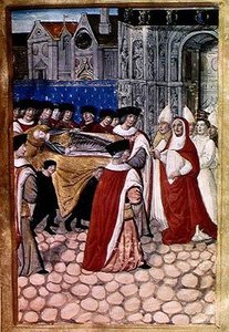 The Arrival of the Body of the Duchess Queen and the reception by Cardinal Philip of Luxembourg, from the Account of the Funeral of Anne of Brittany, 1515