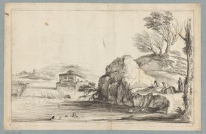 Landscape with Swimmers by a Small Waterfall (series title) by Jean Pesne