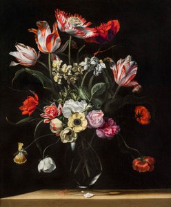 Tulips, Daffodils, Carnations, Poppies, Anemones, and Other Flowers in a Glass Vase on a Wooden Ledge by Jean Picart