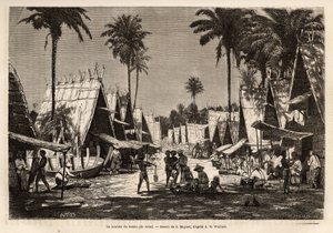 The march of Dobbo, a port centre on the Arou Island. Engraving illustrating a voyage to the Malaysian archipelago by Alfred Russell Wallace