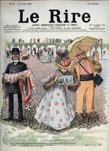 On the beach of Le Havre, a woman turns her camera towards the sea. A man beside her, with a parasol in her hand, asks her if she really wants to take a picture of the fat guy who takes a sea bath. The woman answers that perhaps he did not notice by Jean Veber