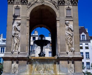Architecture: detail of the fountain of the Innocents representing the nymphs. Designed by architects Jean Goujon, Augustin Pajou and Pierre Lescot. 1546-1549. Place Joachim du Bellay, Paris. by Jean and Lescot Pierre Goujon