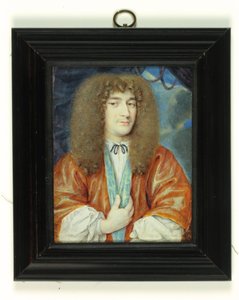 A Gentleman in white shirt and orange gown lined with blue silk, long light brown wig by Jean the Younger (attr.to) Petitot