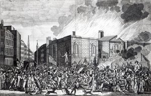 An Exact Representation of the Burning, Plundering and Destruction of Newgate by the Rioters on the Memorable 7th June 1780, engraved by Henry Roberts, 1781 by Jefferyes Hammett O