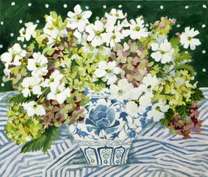 Cosmos and hydrangeas in a Chinese vase, 2013