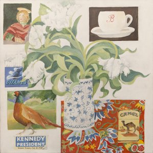 Ephemera, including coffee cup, cigarette packs; postcard and tulips by Jennifer Abbott