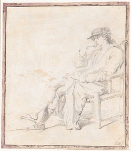 A Young Man in a Hat and Dressing Gown. Full Figure Sitting, Facing Left by Jens Juel