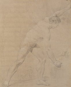 Model Standing, Facing Right, Left Arm Raised, Right Arm Lowered and Supported Against a Rock