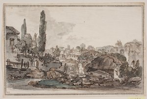 View with Tall Trees, Buildings, and Ruins by Jens Petersen Lund