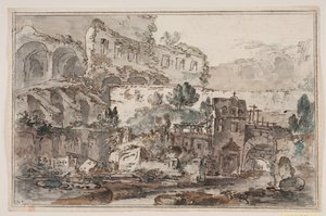 View with Ruins and Houses by a Stream by Jens Petersen Lund