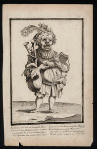 Man carrying a set of bagpipes and wearing a peacock feather headdress, surrealistic costume print, c1700 by Jeremias Wolff
