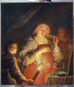 Allegory of Vanity. A Young Blonde Woman Cuts a Lock of Hair with Scissors in Front of a Mirror Held by a Man, with a Child Lighting the Scene with a Torch. by Joachim von Sandrart