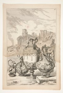 Four Vases, A Broken Vase, A Broken Candlestick, and A Herm in a Landscape with Classical Ruins by Joachim von Sandrart