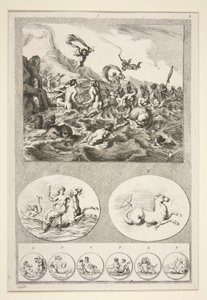 Top half: Nereids Sporting Bottom half: Two Reliefs and Six Coins by Joachim von Sandrart