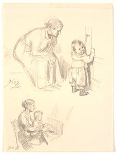 Two Figure Studies. Above a Seated Woman Observing a Child at a Door; Below a Woman with a Child at the Piano