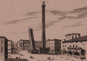 The Two Towers (Asinelli and Garisenda), Bologna, Emilia-Romagna, Italy, copper engraving