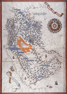 Map of the Arabian Peninsula, with wind rose and details of ports and sea coasts, in Atlas de Joan Martines by Joan Martines