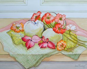 Apples and Nasturtium on a green check cloth by Joan Thewsey