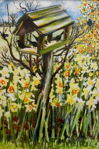 Daffodils and Birds in the Birdhouse by Joan Thewsey