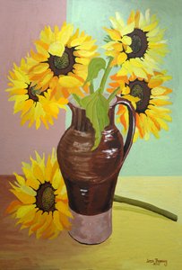 Five Sunflowers in a Tall Brown Jug