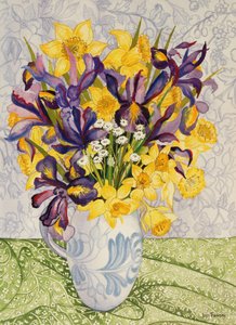 Iris and Daffodils with Patterned Textiles by Joan Thewsey