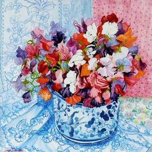 Sweet Peas in a Blue and White Pot by Joan Thewsey