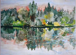 The Lake at Sunset, Bremes les Ardres, 2000 by Joan Thewsey