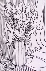 Tulips Against a Striped Cloth