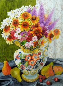 Victorian Jug with Mixed Flowers, Pears and Cherries
