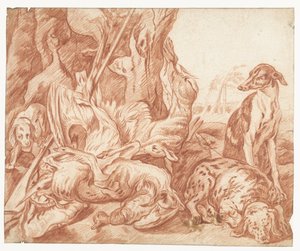 Still Life of Hunting Trophies with Hunting Dogs