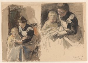 Two Studies of a Maid Teaching a Boy to Read at Her Lap by Johan Antonie de Jonge