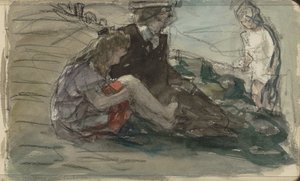 Woman with Two Children by the Waterside by Johan Antonie de Jonge