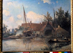 Dutch Landscape with a Big Boat Caulking by Johan Barthold Jongkind