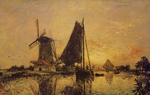 In Holland, Boats Near a Windmill by Johan Barthold Jongkind