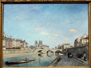 View of the banks of the Seine and the Notre Dame Cathedral in Paris. A barge on the river. Painting by Johan Barthold Jongkind