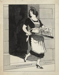 Design for Illustration in De Amsterdammer: The Dutch Maiden as a Maid with a Tray of Glasses Stumbles over the Step Elections (May 17, 1924)